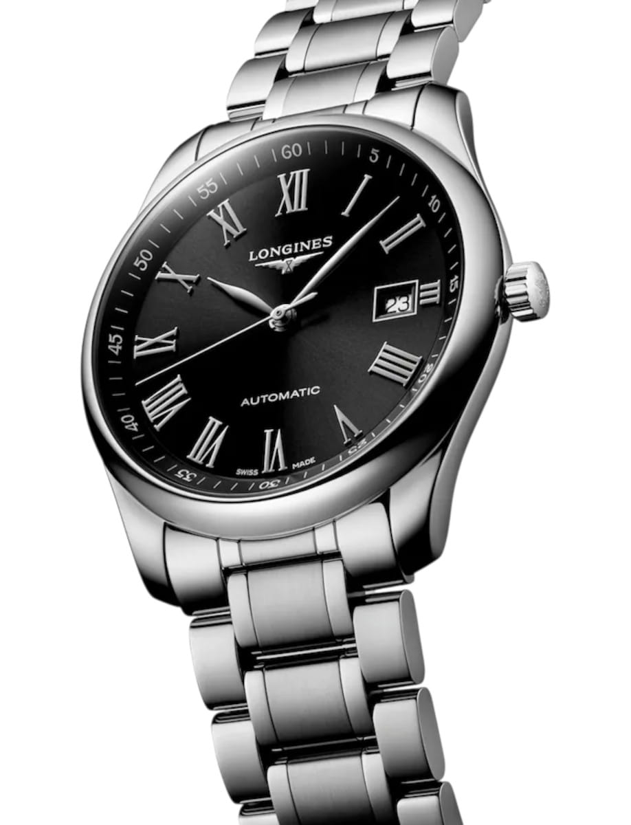 Silver Longines wristwatch with black dial, Roman numerals, and date window; stainless steel bracelet and automatic movement