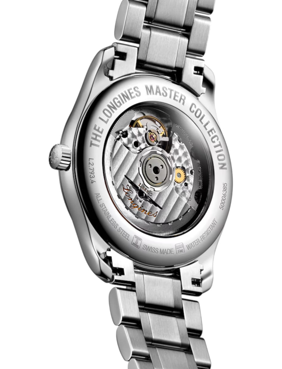 Stainless steel wristwatch from Longines Master Collection with a transparent case back showing the mechanical movement and rotor.