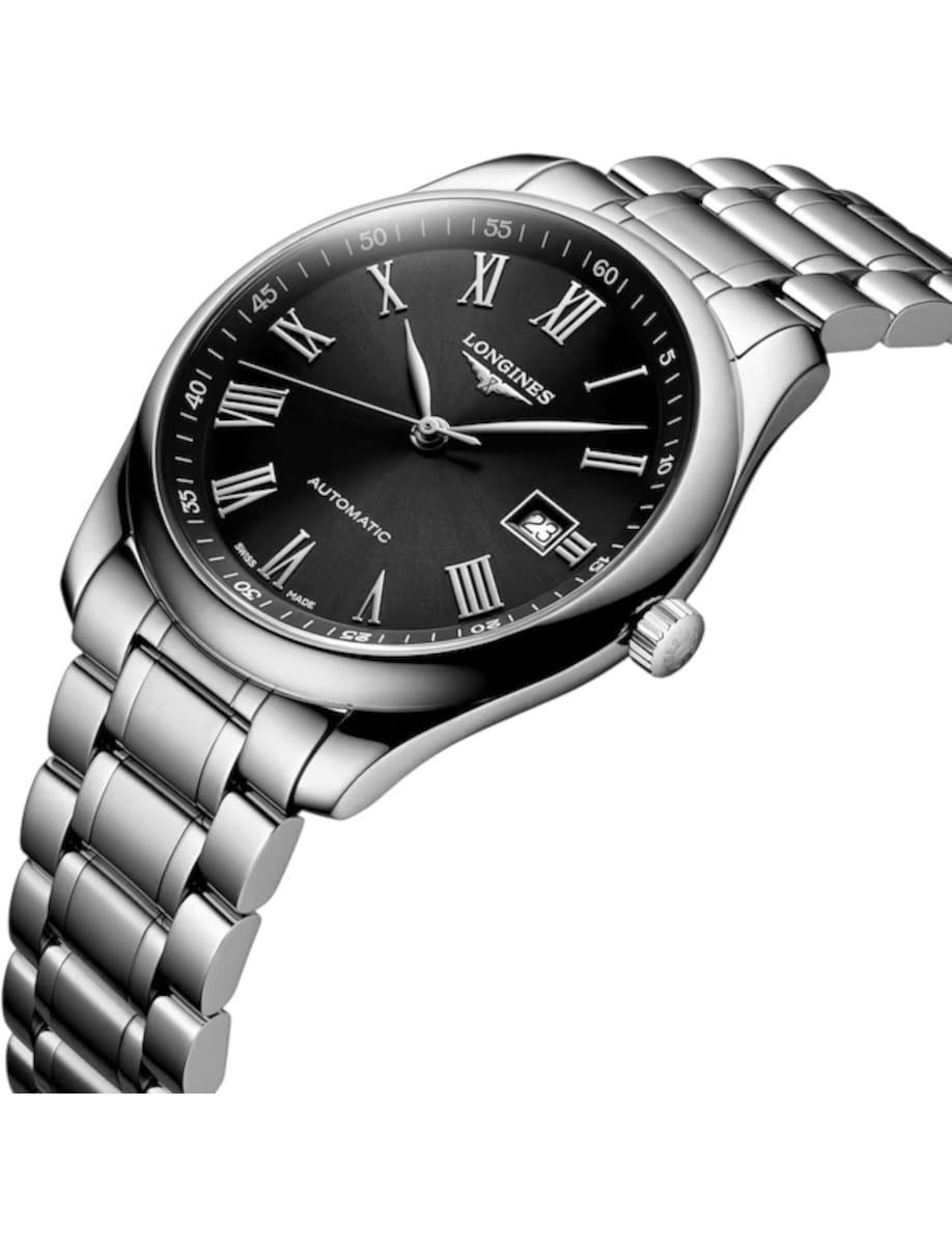 Longines automatic wristwatch with a black dial, Roman numeral markers, and a silver metal bracelet (date window at 3 o'clock).