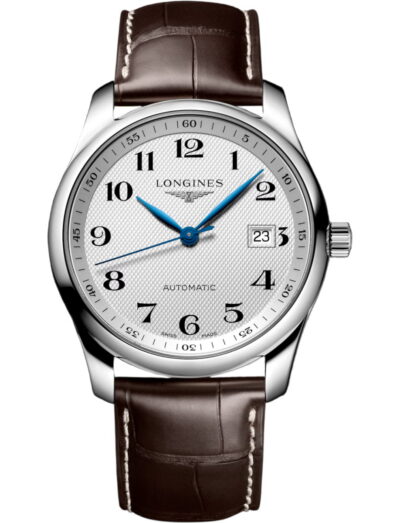 Longines wristwatch with stainless steel case, silver dial and alligator leather strap