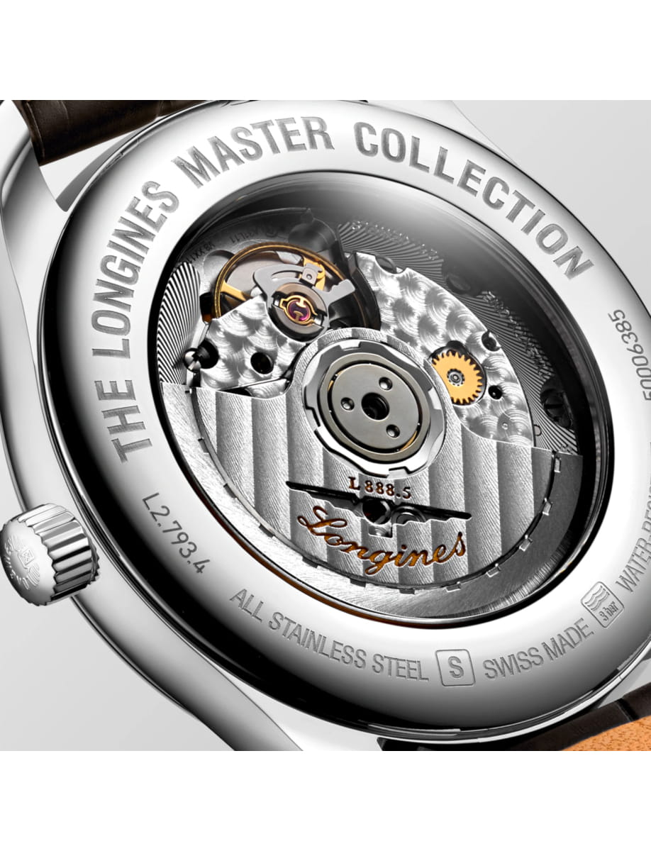 Close-up of a stainless steel watch case back revealing the intricate mechanical movement, gears, and rotor, with Longines engraving and 'The Longines Master Collection' text.