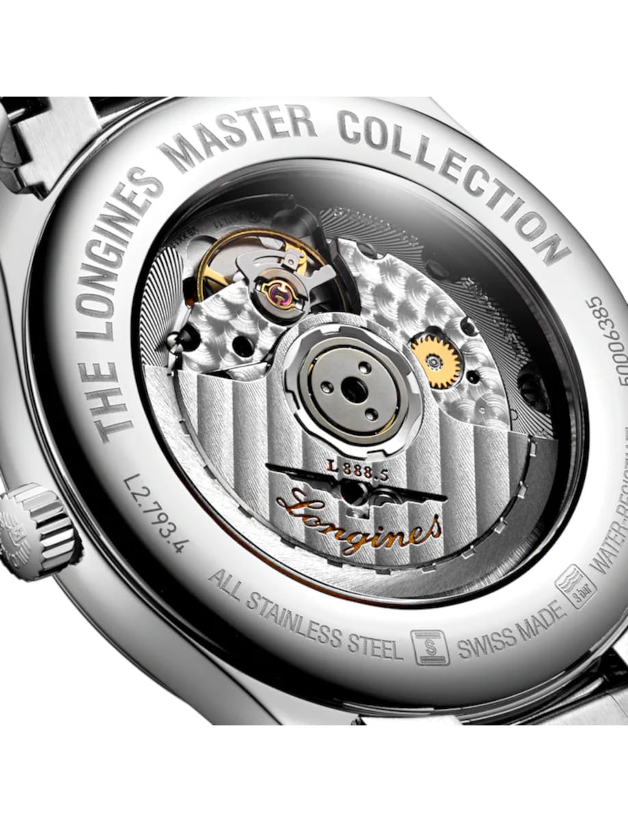 Swiss-made Longines watch back, showing intricate mechanical movement and engraving 'Longines' and 'The Longines Master Collection' ringed around the case back.