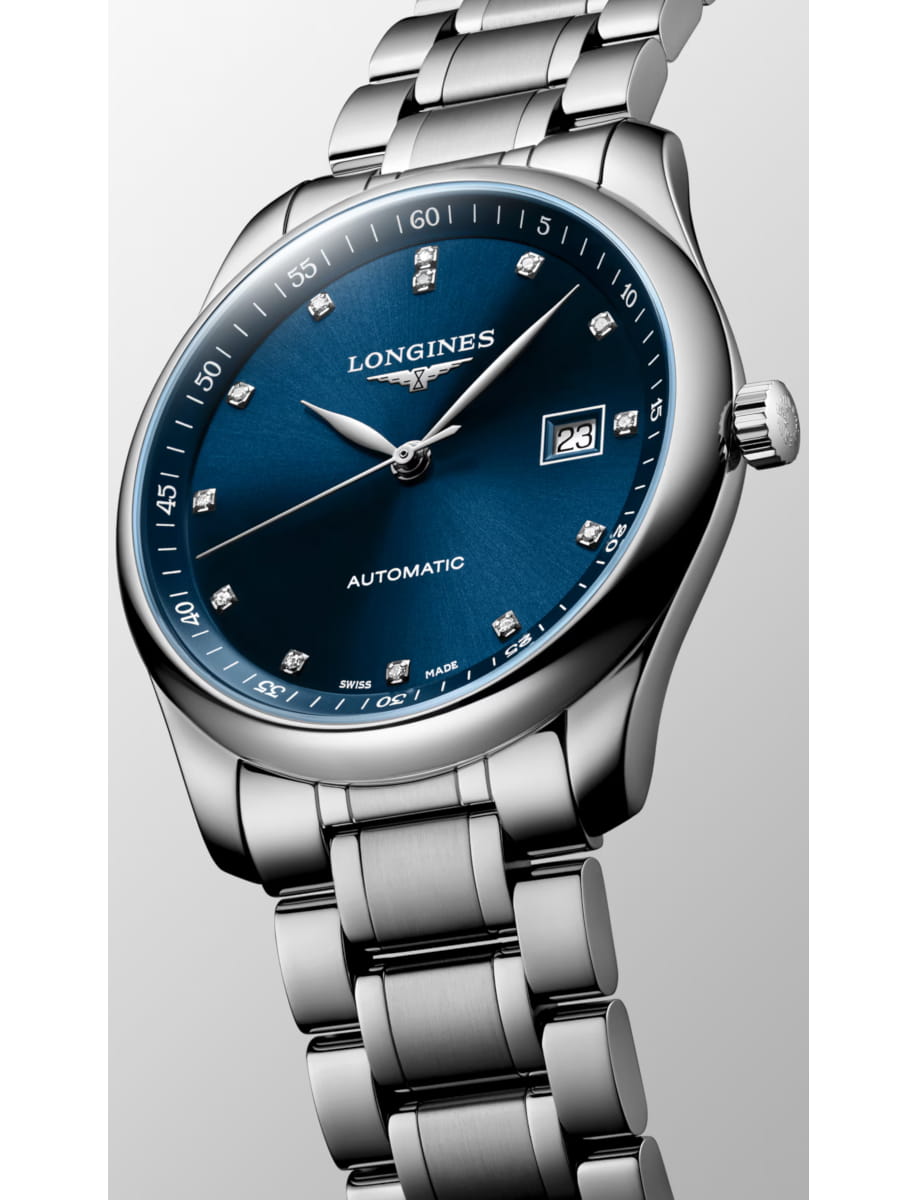 Longines automatic stainless steel watch with a blue dial, diamond hour markers, date window, and polished bracelet