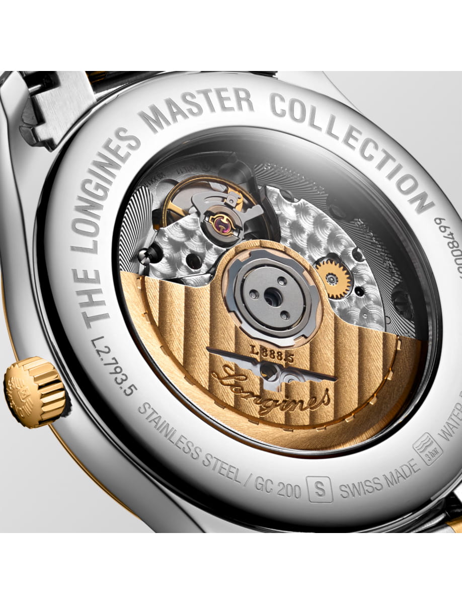 Close-up of a Longines Master Collection watch back, revealing the gold rotor and intricate mechanical movement with engraved branding.