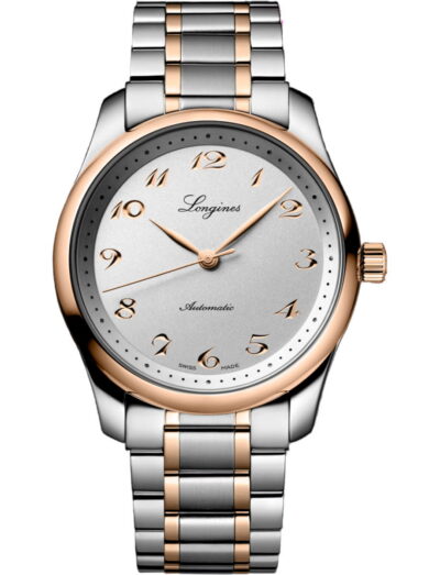 Two-tone Longines wristwatch with a silver dial, rose-gold numerals and a two-tone bracelet.