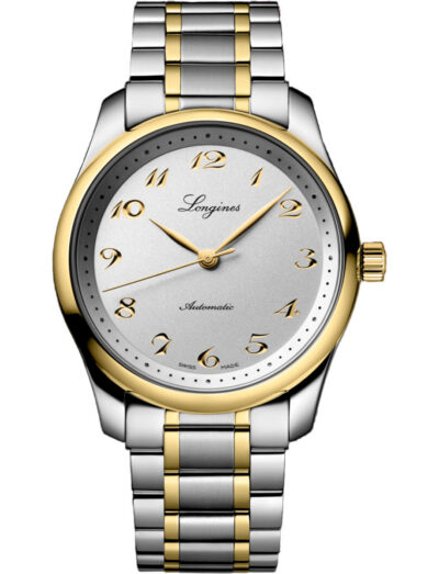 L27935727 | Feldmar Watch Co. Two-tone Longines automatic wristwatch with gold bezel, silver dial, and gold Arabic numerals on a stainless steel bracelet.