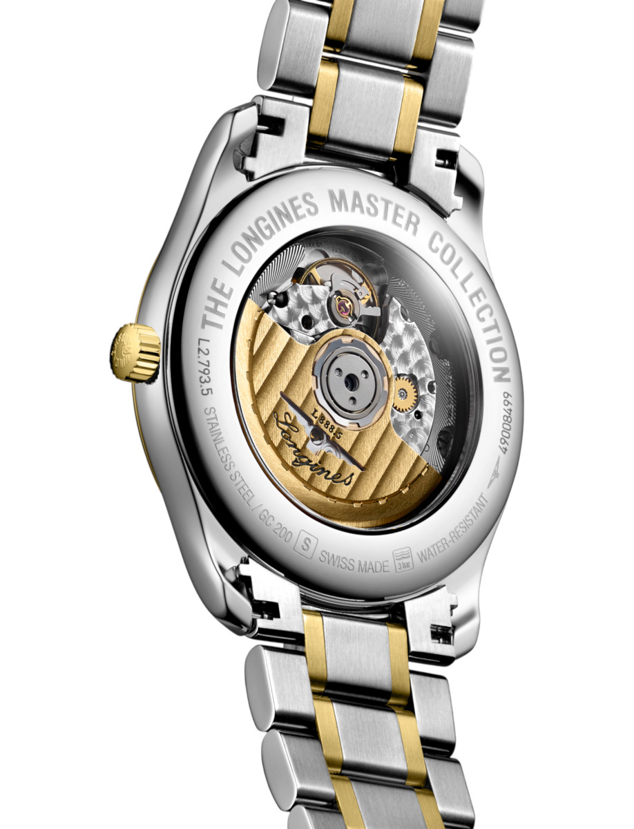Back view of a two-tone stainless steel wristwatch showing a gold rotor and exposed movement through the transparent case back, Longines Master Collection.