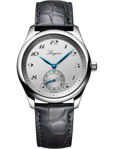 Longines automatic wristwatch with a silver dial, blue hands, and a black leather strap.