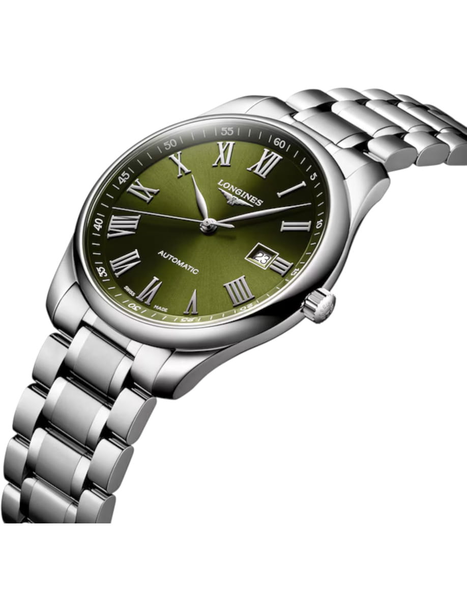 Silver stainless steel wristwatch with a green dial and Roman numeral hour markers (Longines, automatic)