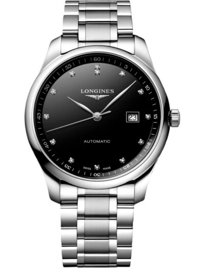 Longines automatic wristwatch with a black dial, diamond hour markers, and a stainless steel bracelet.