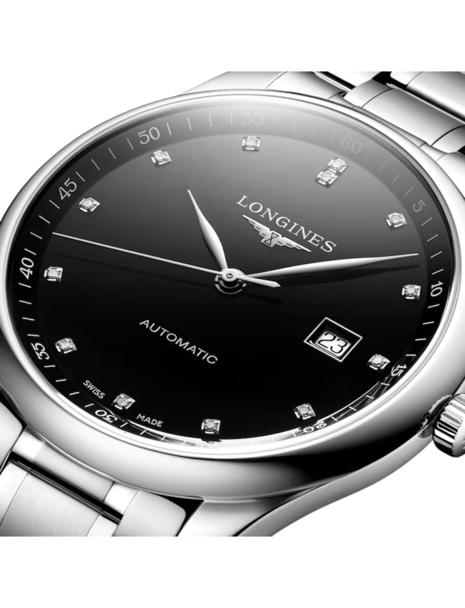 Longines automatic wristwatch with a black dial, diamond hour markers, and a date window at 3 o'clock on a stainless steel bracelet