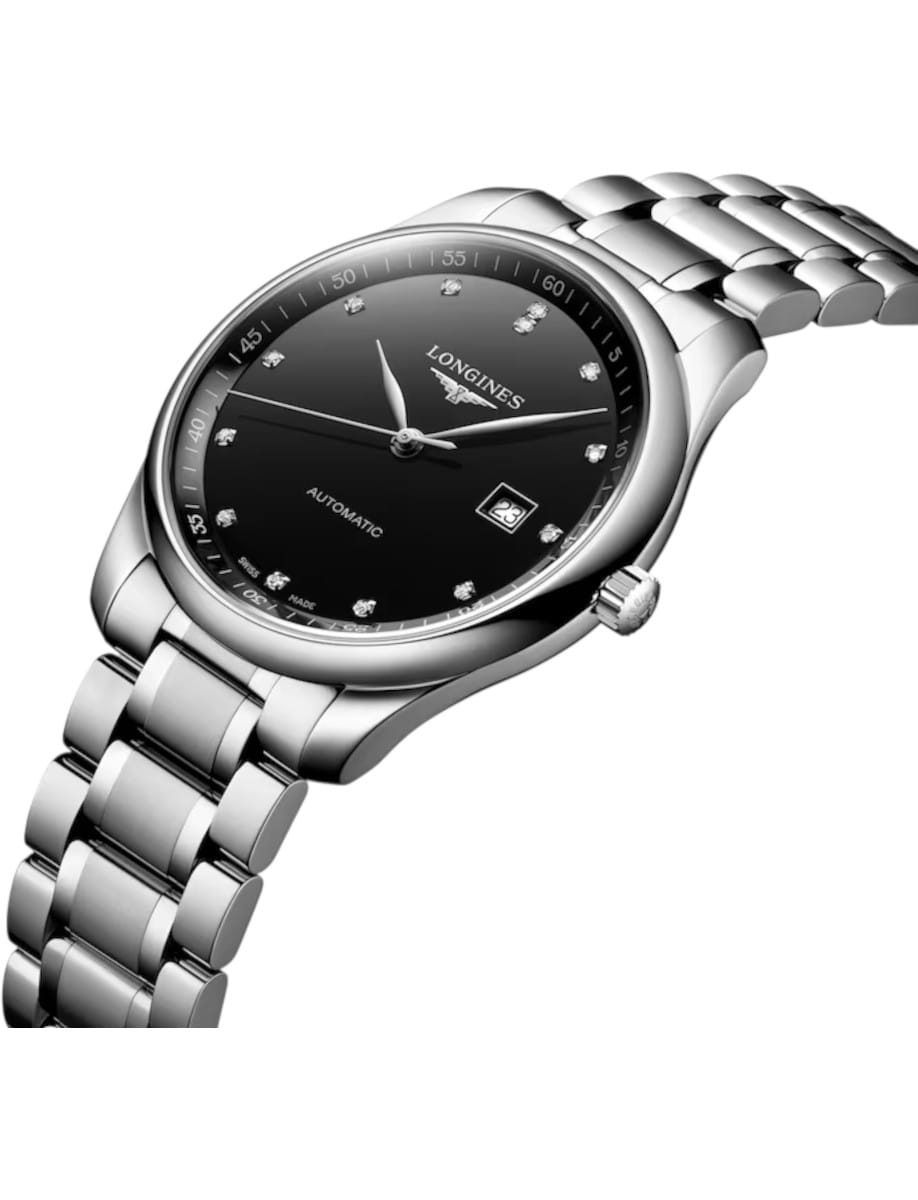 Silver Longines automatic wristwatch with a black dial, diamond hour markers, and date window at 3 o'clock.