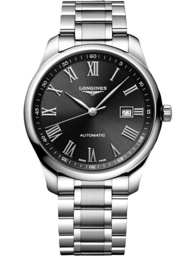 L28934596 | Feldmar Watch Co. Longines stainless steel wristwatch with a black Roman numeral dial, silver hands, and a date window at 3 o'clock.