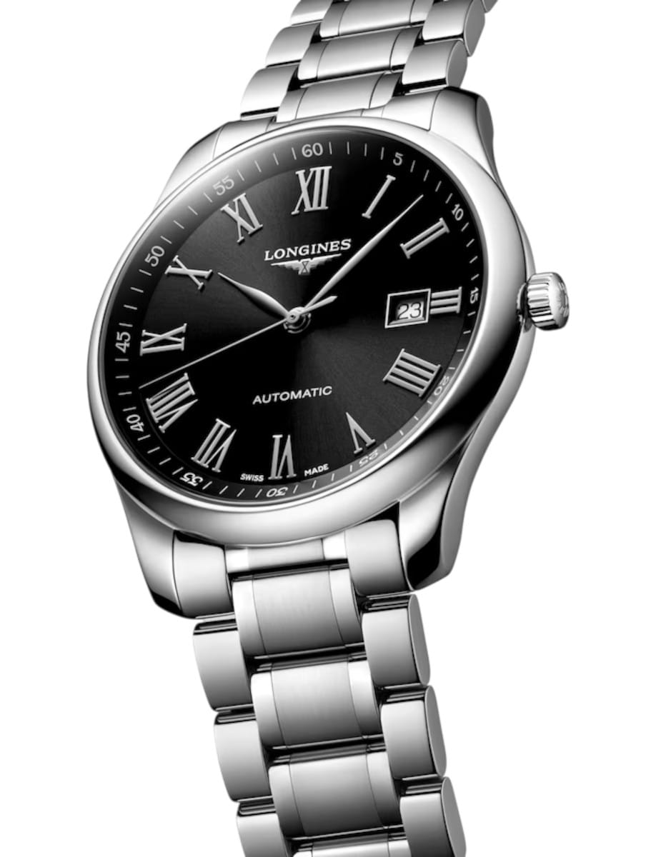 Stainless steel Longines wristwatch with a black Roman-numeral dial and date window at 3 o'clock on a metal bracelet