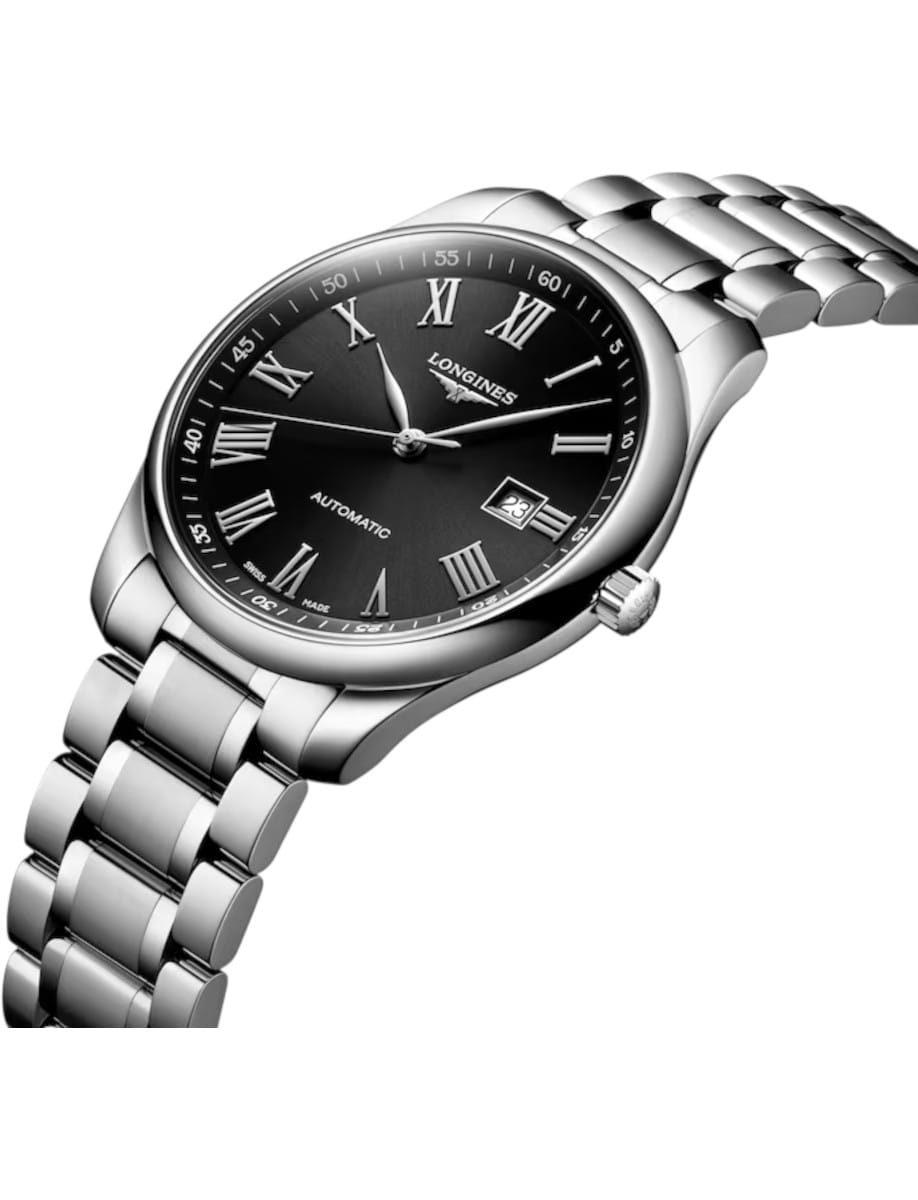 Silver stainless steel wristwatch with a black dial, Roman numerals, and a date window on the right side