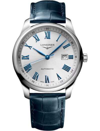 Longines automatic wristwatch with silver dial, blue Roman numerals and hands, date window at 3 o'clock, blue leather strap