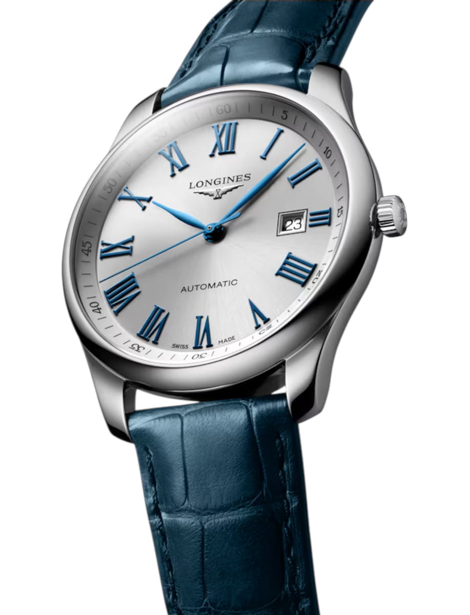Longines wristwatch with silver dial, blue Roman numerals and blue hands, date window at 3 o'clock, and a blue leather strap