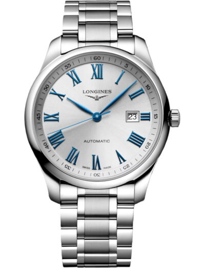 Longines automatic wristwatch with silver case and bracelet, blue Roman numeral hour markers, and date window at 3 o'clock.