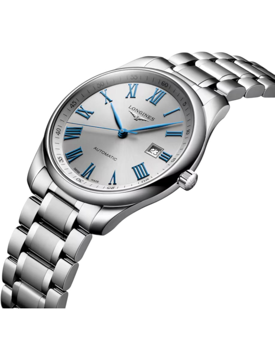 Silver wristwatch with blue Roman numeral hours and a date window, curved bracelet, brand Longines on dial (automatic].
