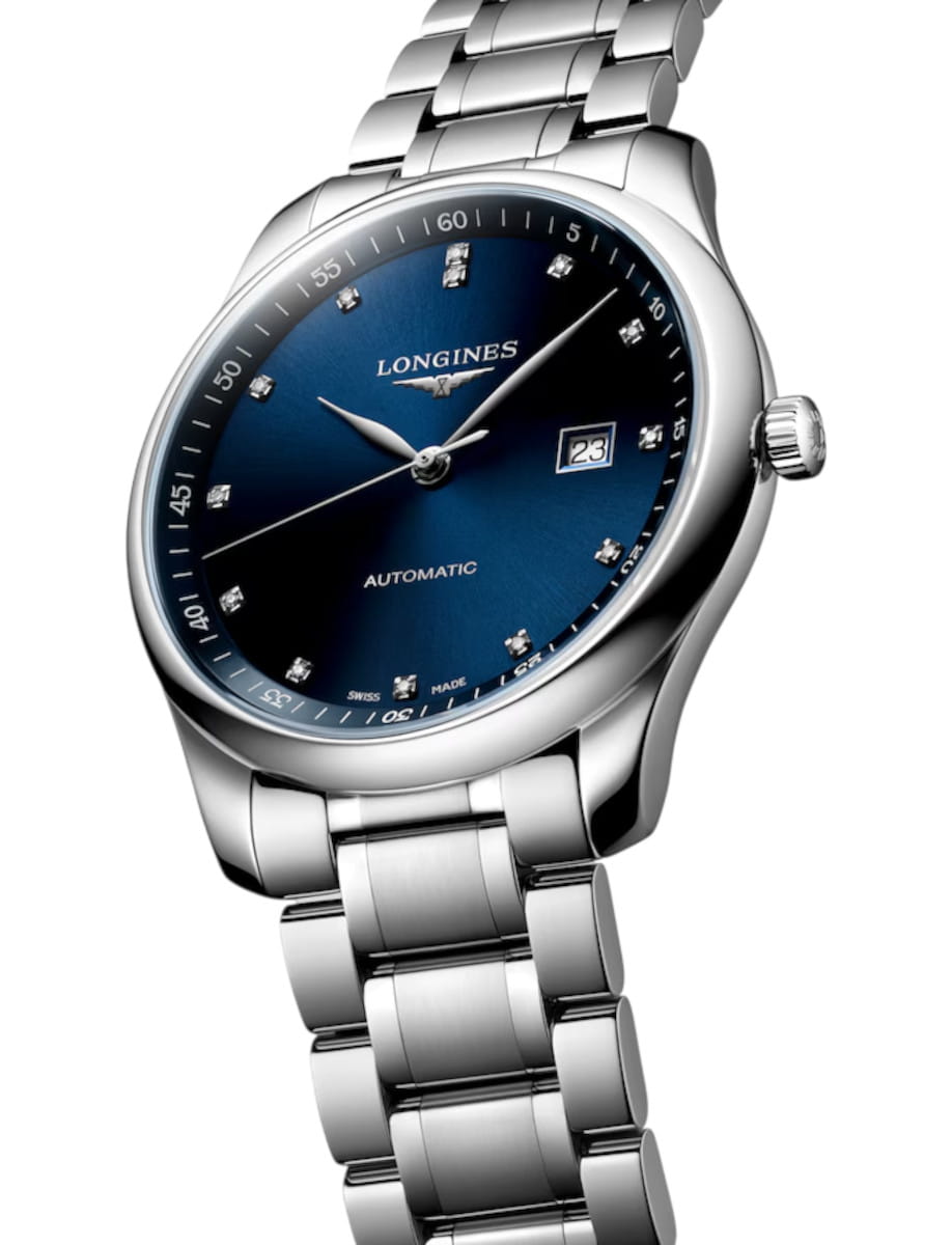 Longines automatic stainless steel wristwatch with a blue dial and diamond hour markers, date at 3 o'clock