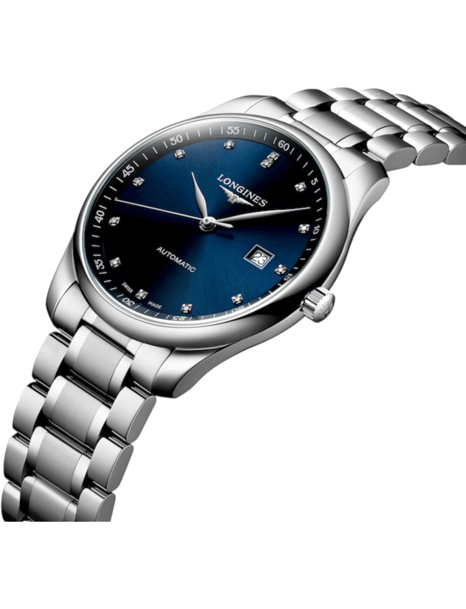 Longines silver wristwatch with blue dial, diamond hour markers, and date window.