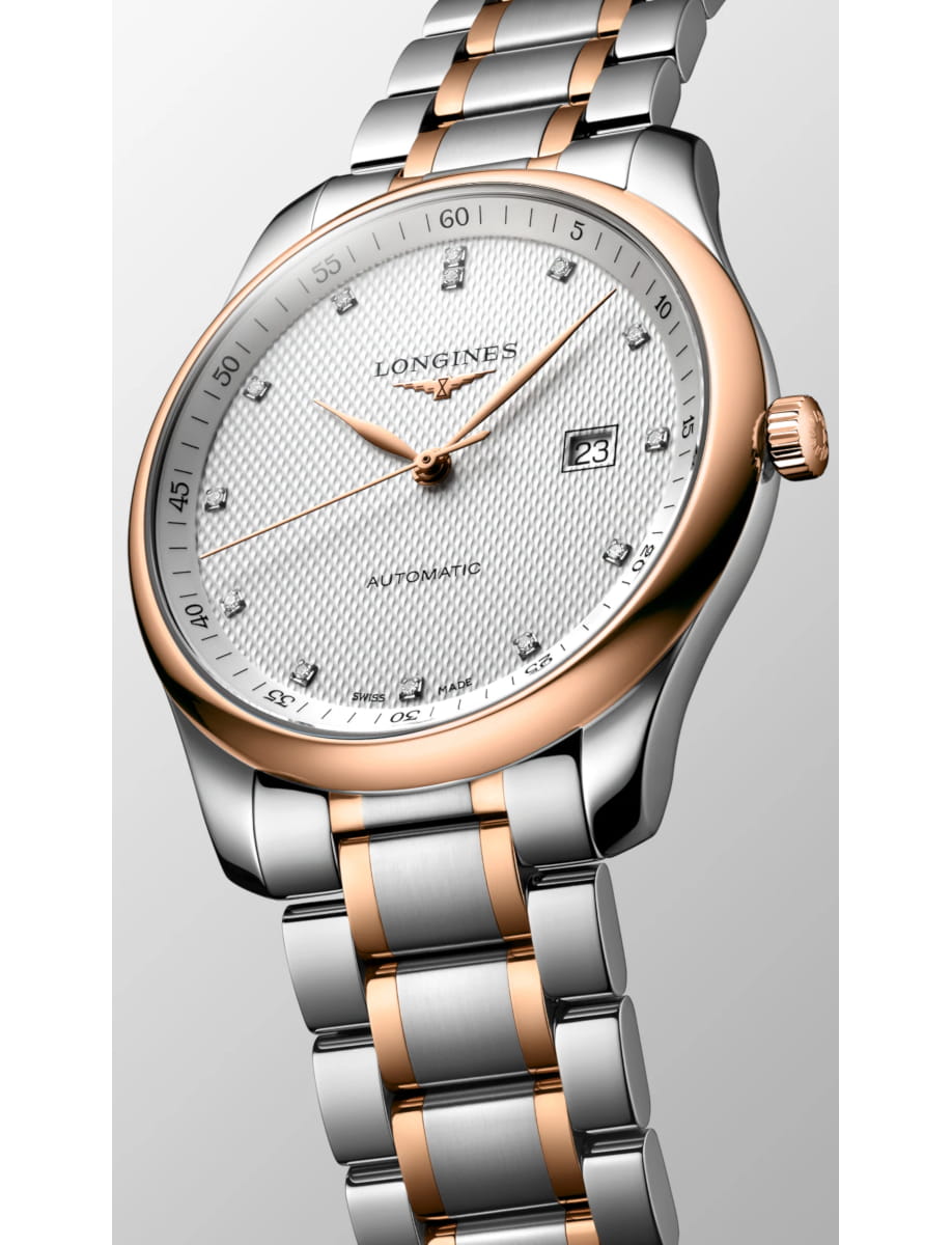 Longines two-tone automatic wristwatch with a silver and rose-gold bracelet, white textured dial, diamond markers, and date display at 3 o'clock