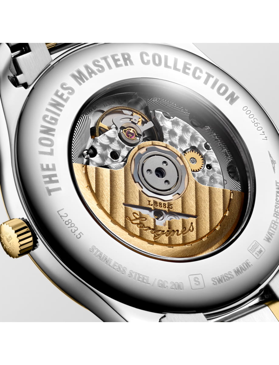 Back view of Longines wristwatch with stainless steel and 18k yellow gold case and transparent case back