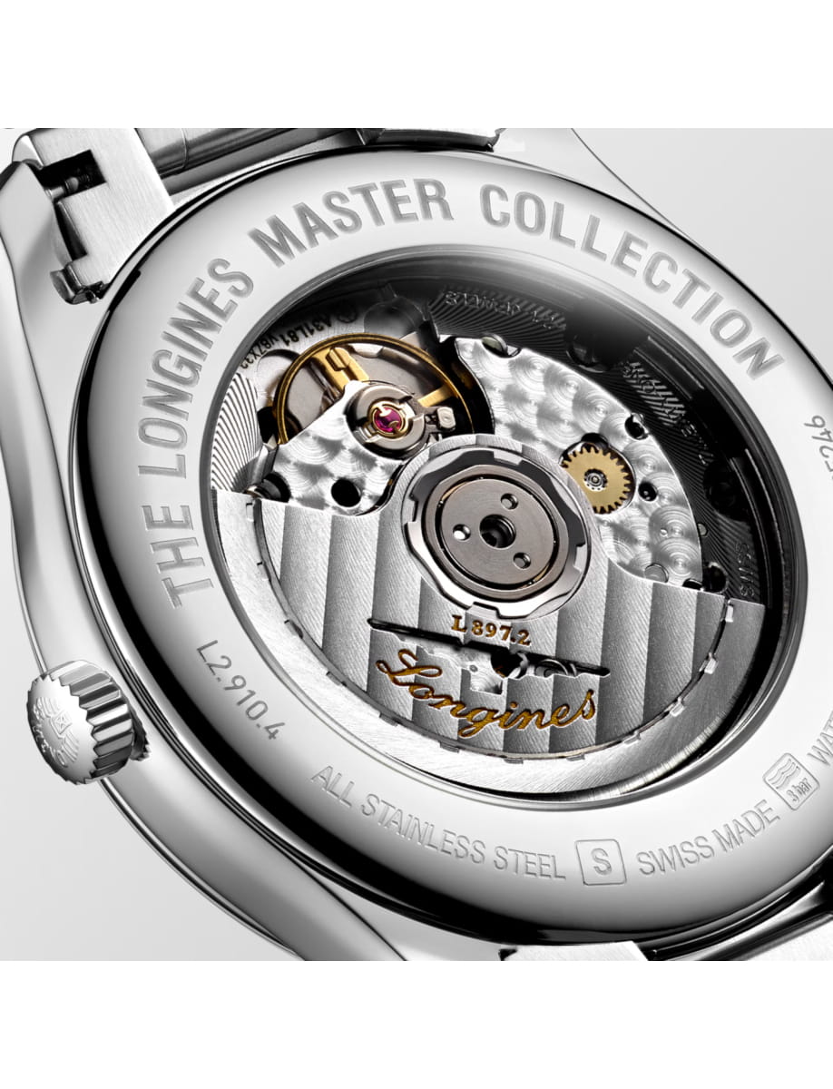 Back of a Longines Master Collection watch, exposing the mechanical movement and engravings on the caseback.