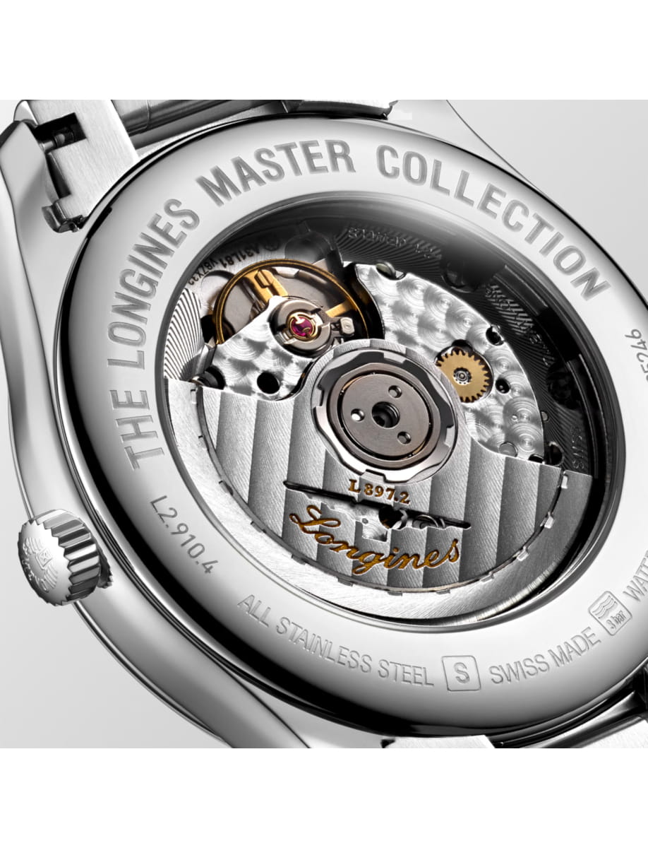 Back view of Longines wristwatch with transparent case back