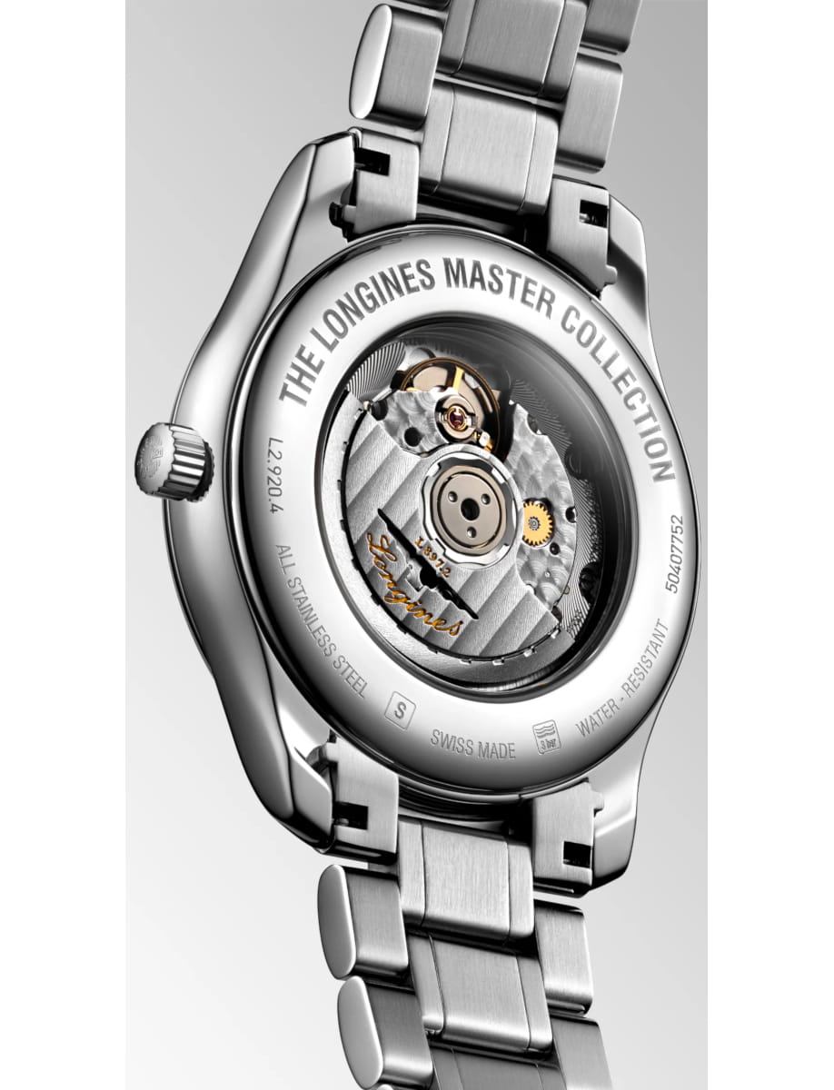 Back view of Longines wristwatch with transparent case back