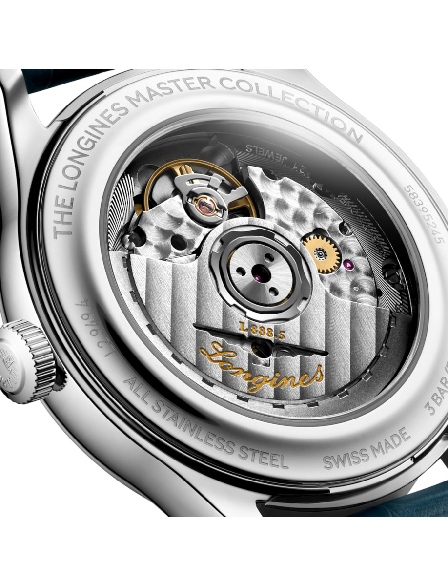 Exposed automatic watch movement visible through the case back, with Longines engraving on the rotor and Master Collection inscription around the edge.