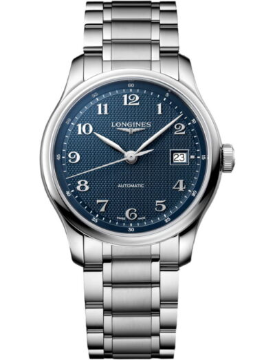 Stainless steel Longines wristwatch with a blue textured dial and date window at 3 o'clock