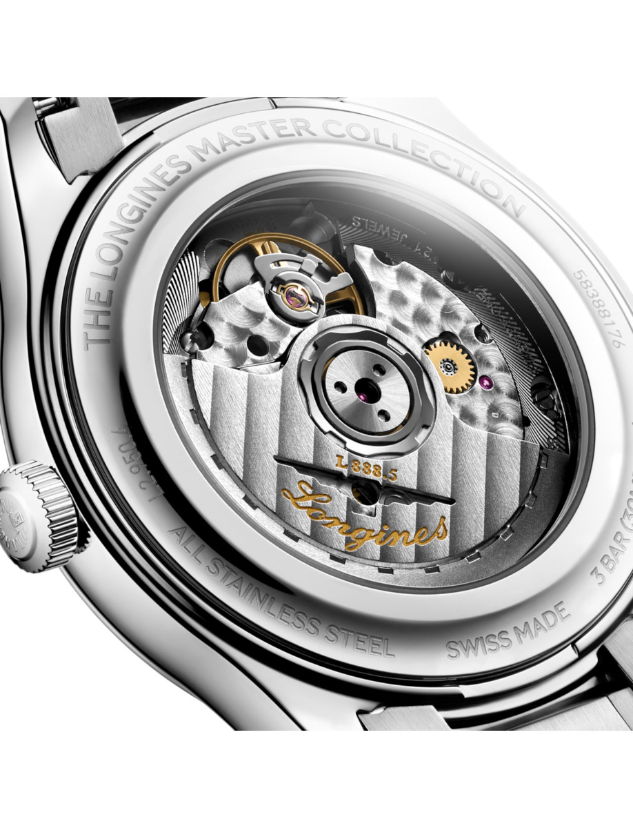 Back view of Longines wristwatch with stainless steel case and bracelet, exposing the intricate mechanical movement with gears and rotor.