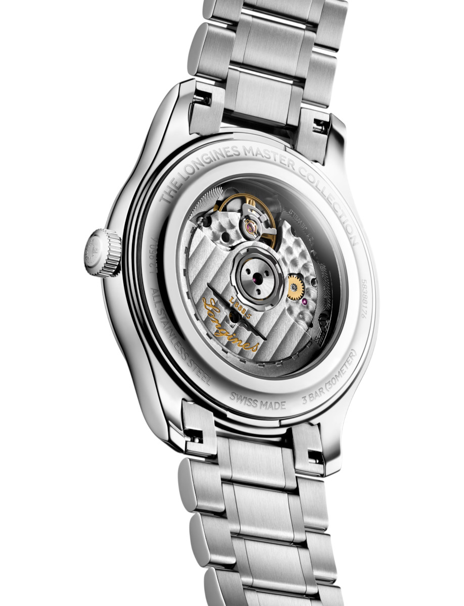 Back view of Longines wristwatch with stainless steel case and bracelet, exposing the intricate mechanical movement with gears and rotor .