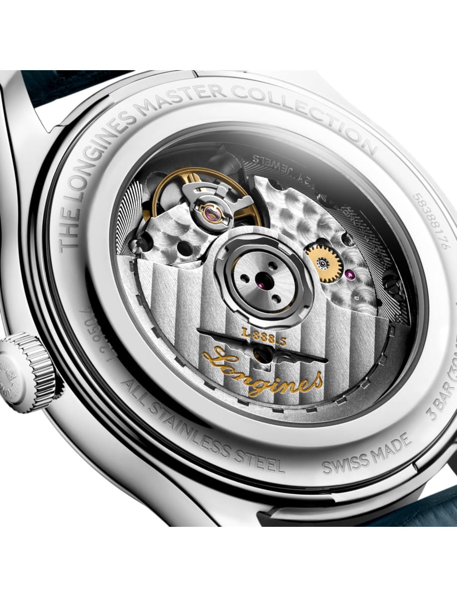 Close-up of a Longines Master Collection watch back, showing the exposed mechanical movement with gears and rotor.