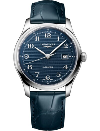 Longines automatic wristwatch with a blue "barleycorn" dial, stainless steel case, and blue leather strap; date window at 3 o'clock.