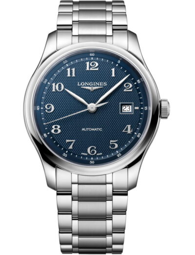 Longines automatic wristwatch with a blue "barleycorn" dial, stainless steel case and bracelet, and a date window at 3 o'clock.