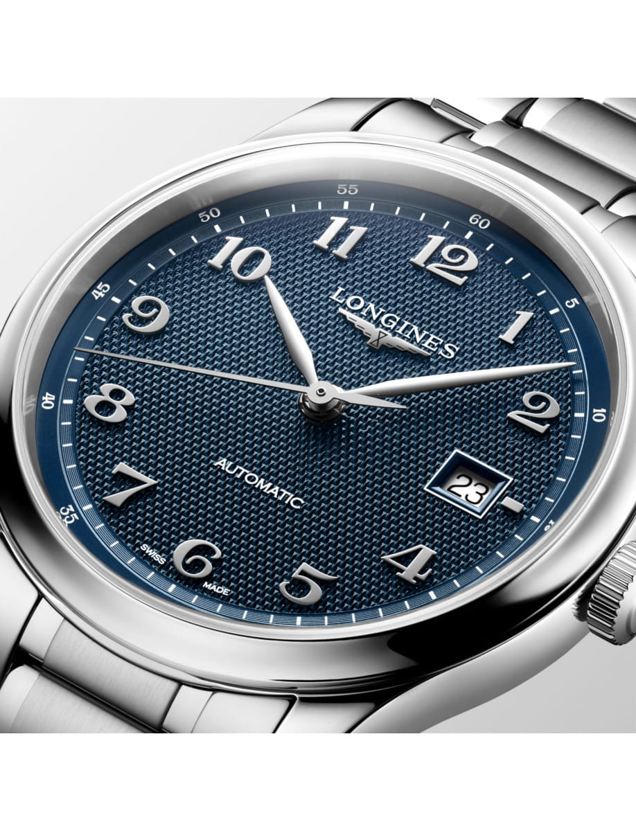 Front side view of Longines automatic wristwatch with a blue 