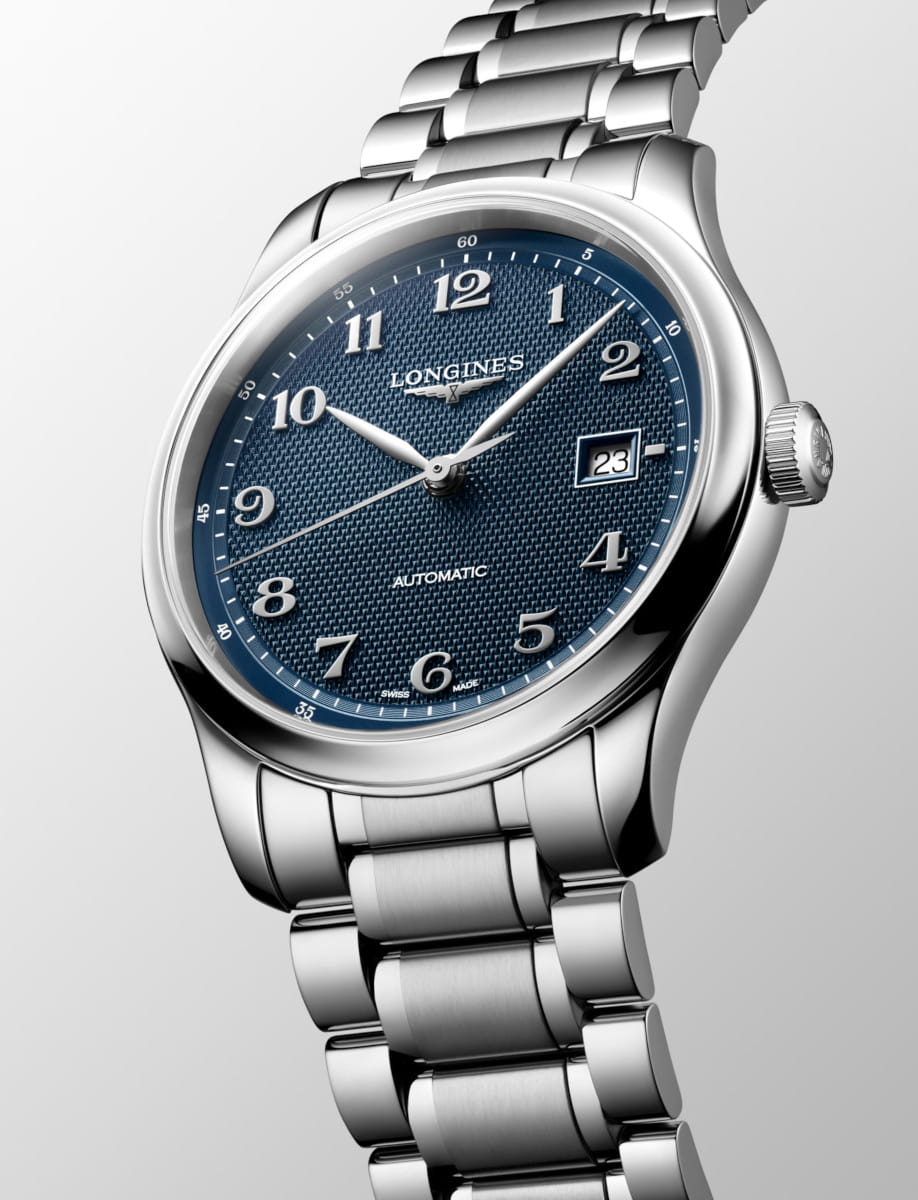Side view of Longines automatic wristwatch with a blue 