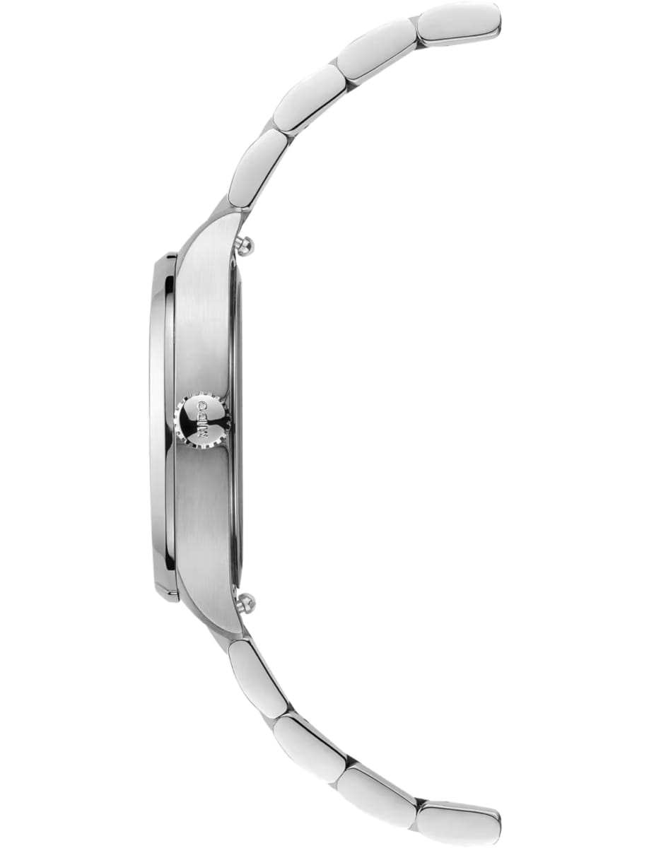 Profile view of a silver stainless steel wristwatch with a metal link bracelet and crown on the side