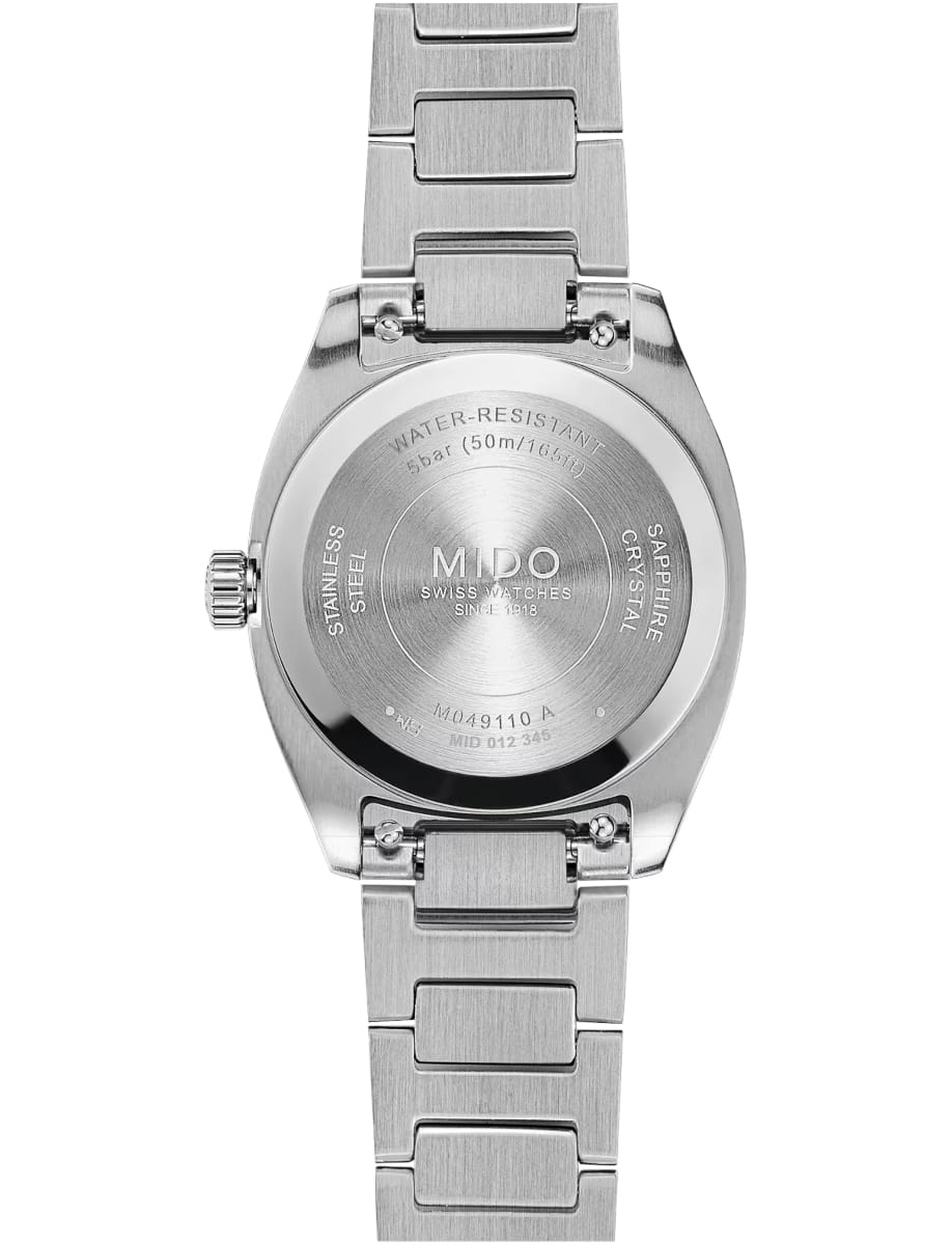 Back view of a stainless steel MIDO wristwatch with engraved case back and bracelet links.