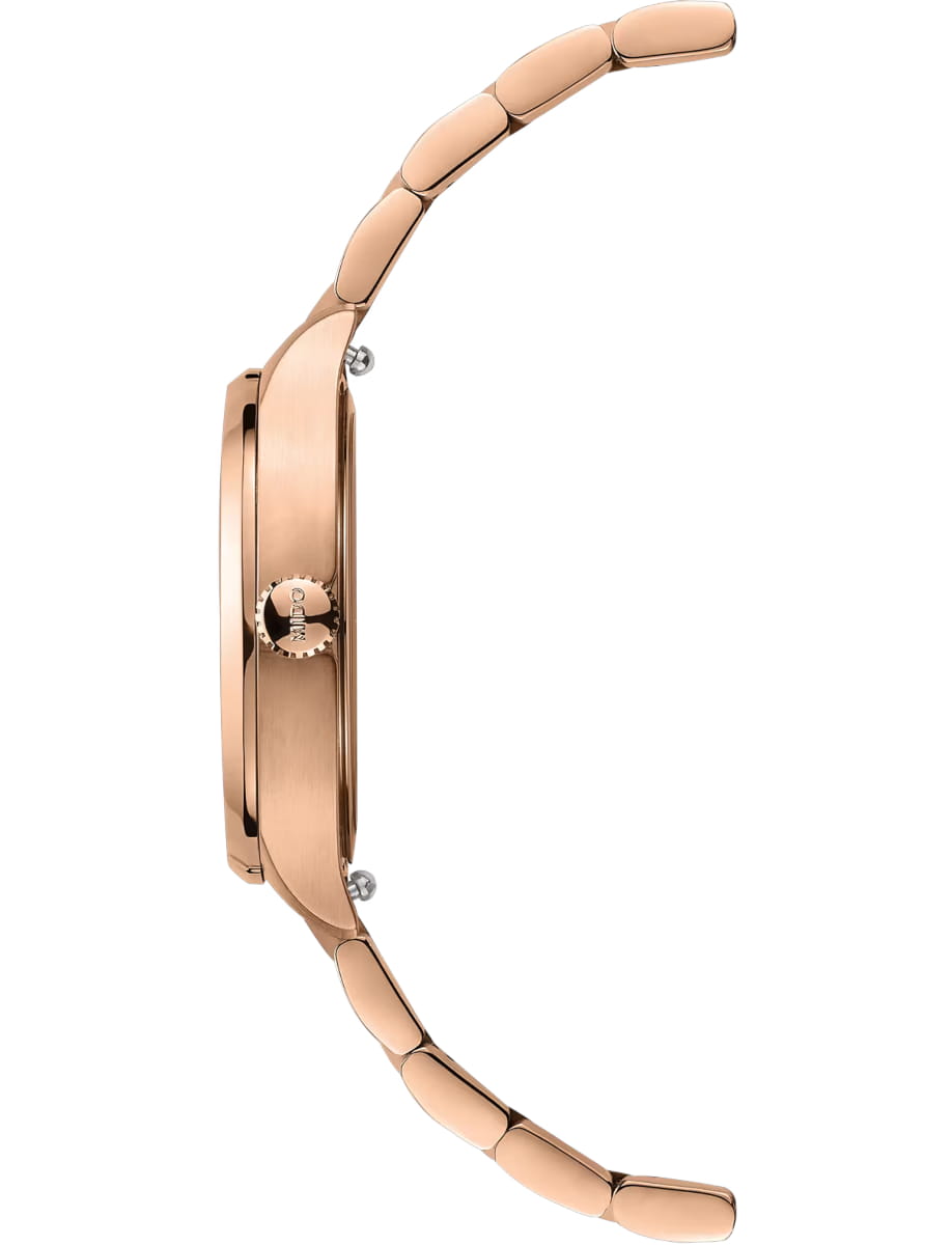 Side view of a rose gold-toned wristwatch with a segmented metal bracelet and crown on the case.