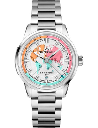 Norqain wristwatch with stainless steel case, pastel world map dial and GMT chronometer branding on a metal bracelet.