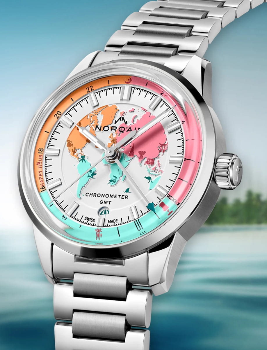 Norqain stainless steel wristwatch with a colorful world map dial and GMT chronometer display