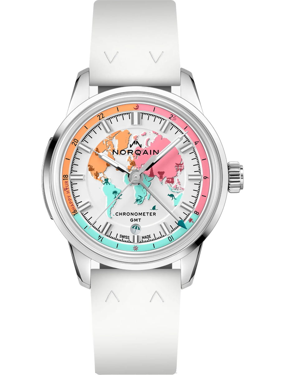 Norqain chronometer GMT wristwatch with a pastel world map dial, stainless steel case, and white strap.