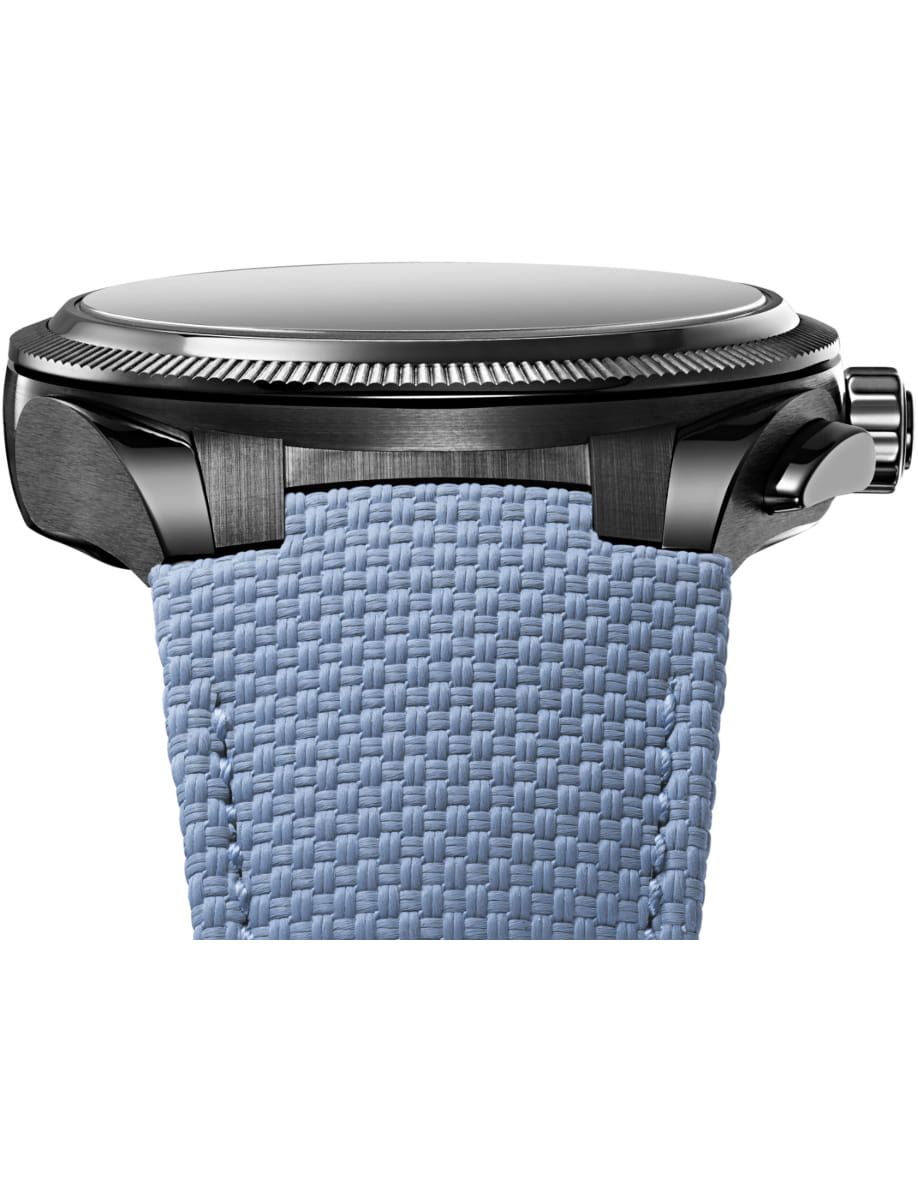 Close view of Parmigiani Fleurier wristwatch with cermet case, blackor & mineral blue dial and rubber strap