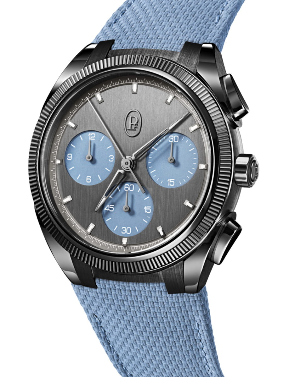 Side view of Parmigiani Fleurier wristwatch with cermet case, blackor & mineral blue dial and rubber strap