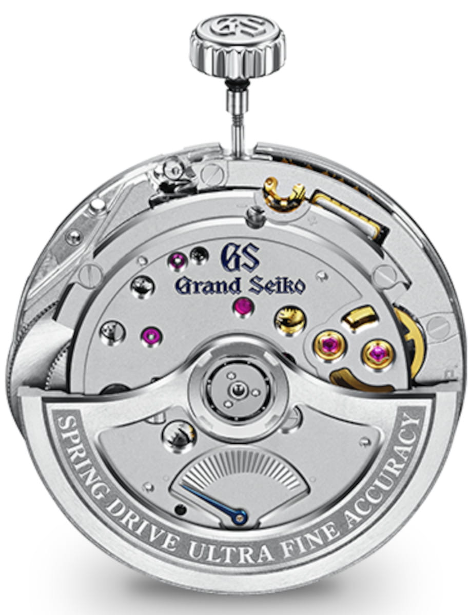 Back view of Grand Seiko wristwatch with Ever brilliant steel case and bracelet, and blue-green dial.