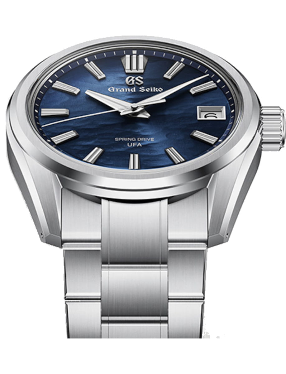 Front view of Grand Seiko wristwatch with stainless steel case and bracelet, and blue dial.