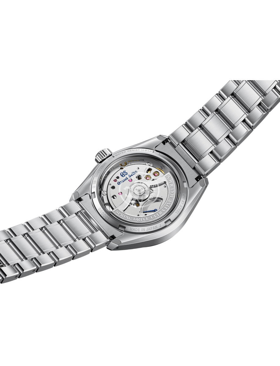 Back view of Grand Seiko wristwatch with Ever brilliant steel case and bracelet, and blue dial.